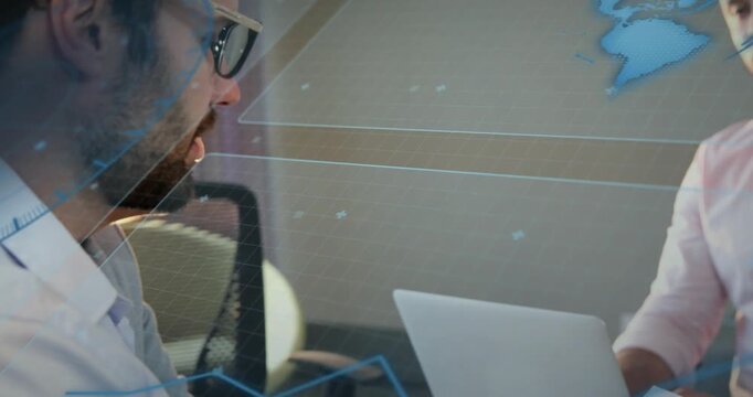 Hand grasping report overlay sparking finance insight as man tracing data, partner checking laptop