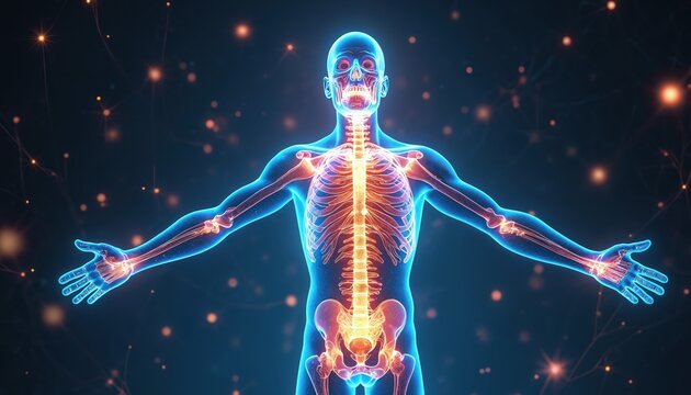 Glowing blue X-ray scan of human body skeleton shows bones, spine, skull, joints. Red energy points highlight anatomy, health, pain, medical conditions. Digital visualization for modern healthcare