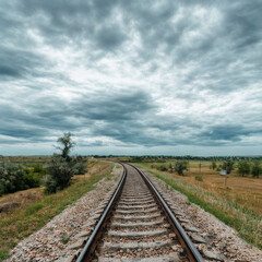 Obraz premium Train tracks stretching into a cloudy vast landscape