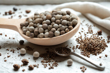 Wooden spoon filled with peppercorns surrounded by scattered spices