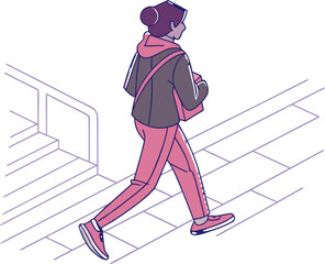 Woman with a bun and pink pants walking away with a bag on a sidewalk near stairs illustration