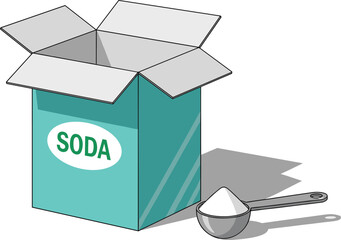 Baking soda box, measuring spoon, white powder, kitchen ingredient, cleaning product, isolated on white, cooking, household use, food grade