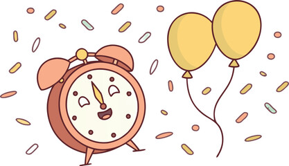 Cartoon alarm clock with a happy face and two yellow balloons amidst falling confetti pieces