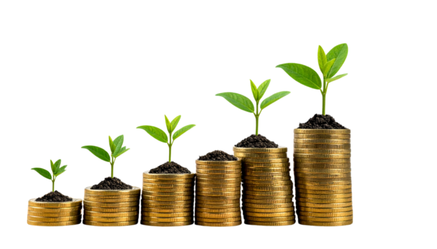 Money growth concept with seedlings and golden coin piles isolated on transparent background PNG - Powered by Adobe