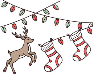 Festive christmas illustration featuring a reindeer stockings and string lights decoration scene art