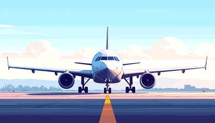 Naklejka premium Front view of a passenger airplane on an airport runway under a clear sky with warm lighting, ready for takeoff or taxiing.