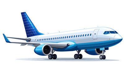 Obraz premium A detailed illustration of a modern passenger airplane with blue and white livery, ready for flight.