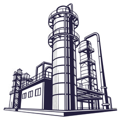 Industrial plant with tall towers and pipelines against a white background in a graphic style
