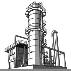 Stylized illustration of a large industrial refinery complex with tall distillation towers and connected buildings