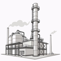 Industrial factory complex with tall smokestacks and processing tanks emitting smoke against a white background