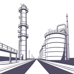 Industrial oil refinery complex with distillation tower and storage tanks under a clear sky