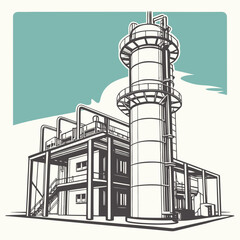 Industrial plant with tall distillation tower and connected buildings against a stylized sky background