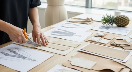 Professional designer cutting natural textured paper materials with orange scissors on wooden workspace surrounded by fabric samples sketches charts and fresh pineapple in bright studio