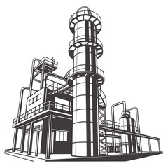 Modern industrial complex with tall distillation towers and interconnected pipelines against a white background