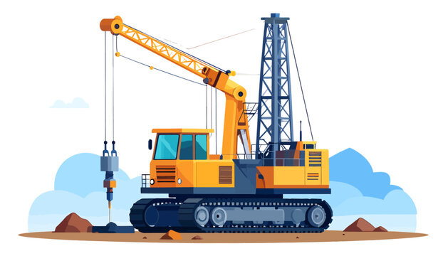 Heavy-duty yellow and blue pile driver machine on a construction site, drilling into the ground with a tall mast and crane arm, against a white background.