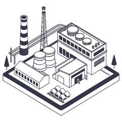 Naklejka premium Isometric illustration of a modern industrial factory complex with smokestacks and cooling towers