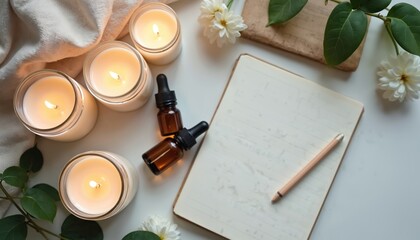 Lit candles and essential oils near notebook and pencil. White flowers and green leaves add natural beauty. Peaceful setup for relaxation and self care.