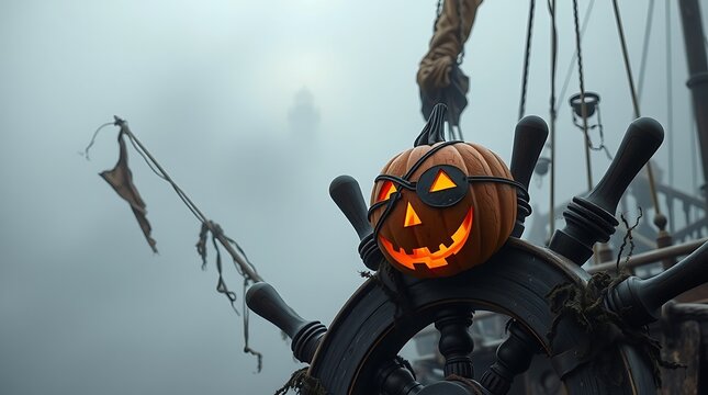 A pirate pumpkin with an eyepatch on a ship's wheel ready for a spooky halloween adventure at sea