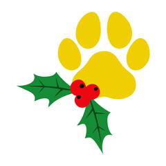 Decoración de Navidad. Logo pet friendly. Zarpa de perro o gato de color amarillo con hojas y bayas de acebo para tarjetas y felicitaciones