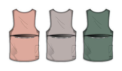Technical flat illustration of a sleeveless utility vest with pockets. Three modern color options presented for clothing design and product mockups