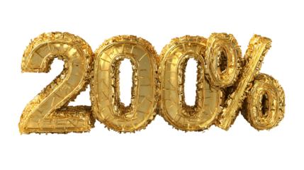 Golden 200 percent balloons isolated on transparent background