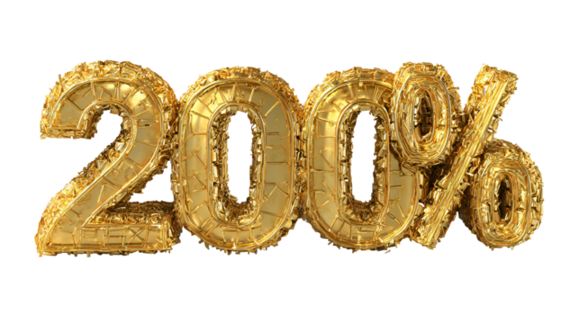 Golden 200 percent balloons isolated on transparent background