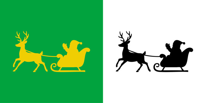 Logo con silueta de Santa Claus viajando en trineo con un reno saludando para tarjetas y felicitaciones de Navidad 