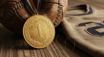 Gold Medal on a Vintage Baseball and Sports Jersey Background