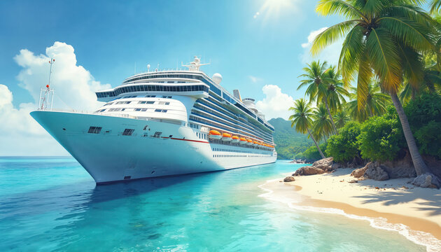 Huge white cruise liner sails on clear turquoise sea near tropical island shore. Rich green palm trees line sandy beach under bright sunny blue sky. Peaceful vacation voyage.