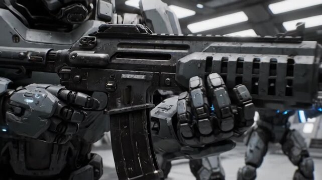 Futuristic special forces soldier in advanced combat armor holding a heavy assault rifle