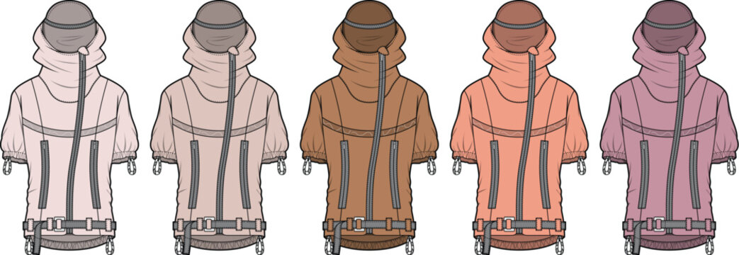 Fashion design template showing the back view of a short-sleeved hooded jacket in a variety of warm color palettes. Vector technical flat for apparel collection