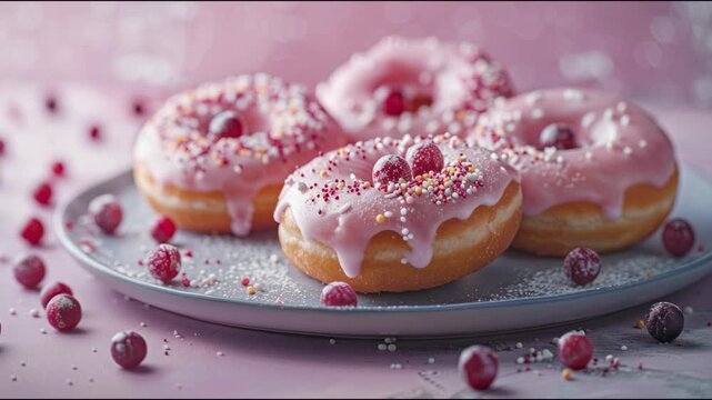 A plate of four pink frosted donuts with sprinkles on top. The donuts are arranged in a row and are surrounded by a pile of berries. Concept of indulgence and sweetness