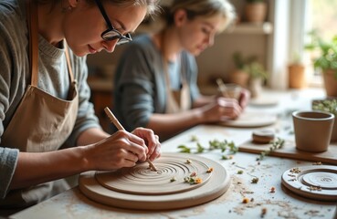 Two women learn pottery in bright studio. Shape clay with tools, making ceramic art. One decorates plate with small flowers. Pottery creative hobby for adults, relaxing, engaging activity indoors.