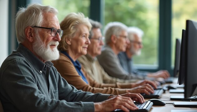 Elderly people learn computer skills in a classroom. Seniors interact with technology in a group setting, gaining digital knowledge together.