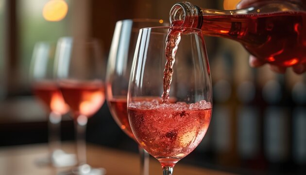 Pink wine is poured from bottle into crystal glass. Several wine glasses sit on bar. Close up of pouring rose beverage liquid, drink, cheers.