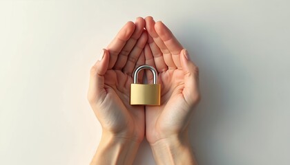 Close up photo of hands cupping a gold padlock. The image symbolizes security safety protection. The concept is about data privacy digital safety and online protection.