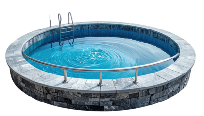 Circular pool with stone trim, stainless steel rail and ladder, filled with rippling, blue water on transparent background