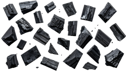 Scattered, textured, dark chunks of solid material float against a black background. Simple composition, minimalist design