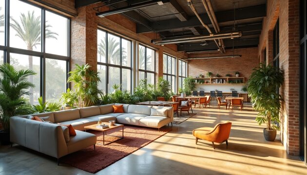 Spacious contemporary coworking area with lots of plants and natural light. Features comfy sectional sofa, orange chairs, and wooden tables. Offers productive and calm work atmosphere.