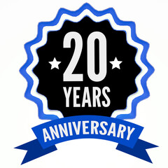 Celebrating 20 years anniversary label with blue ribbon. 3d render.