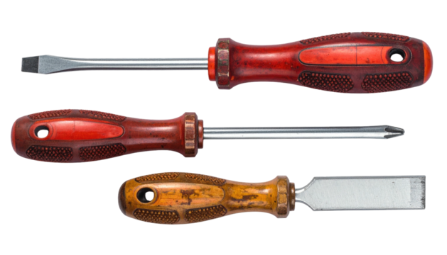 Three well-worn hand tools, a flathead, Phillips, & chisel, rest against a stark black background