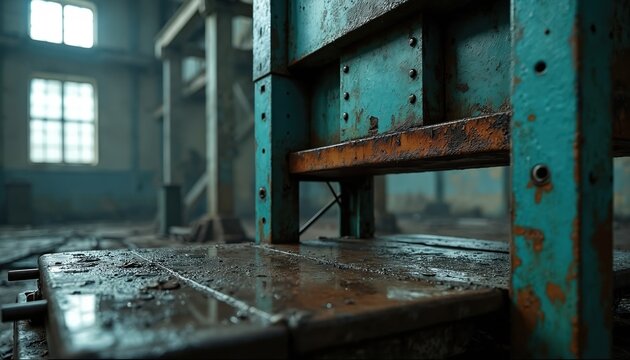 Old industrial press machine sits in dark dusty abandoned factory. Rusty metal parts covered in grime and dirt. Broken windows let in dim light onto the worn floor.