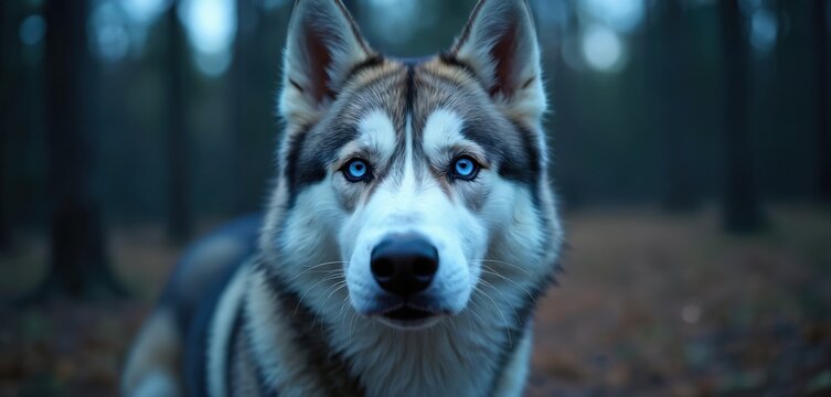 Husky dog with bright blue eyes looks intensely ahead. Dog stands in a dark forest during twilight. Autumn leaves are scattered on the ground. Siberian husky has thick fur. - Powered by Adobe