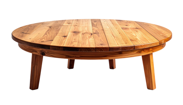 A circular wooden coffee table stands against a black backdrop, featuring a plank top and solid leg construction - Powered by Adobe