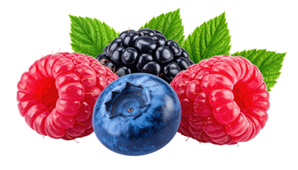 A bright assortment of fresh raspberries, blueberries, and blackberries with green leaves, all on a dark background