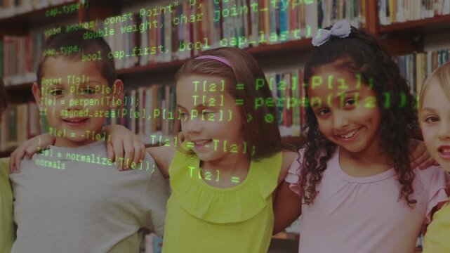Children posing in education library, code overlay scrolling revealing faces on playback