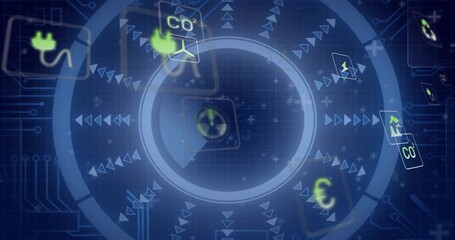 Portal and rings fading in over grid, energy icons orbiting inward connecting environmental metrics - Powered by Adobe