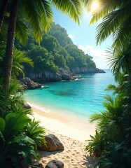 Fototapeta premium Lush jungle frames secluded tropical beach with clear turquoise ocean water. White sand shore meets steep green cliffs under bright sunlight. Peaceful coastal scene invites serene escape.