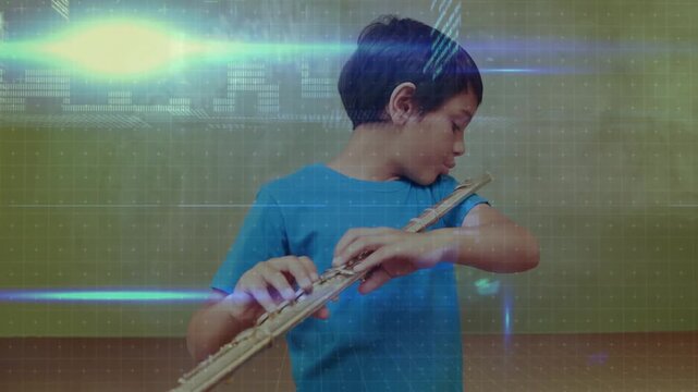 Boy lifting flute to lips and fingering notes in music practice while glitch overlays intensifying