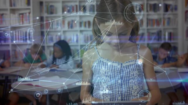 School library girl tapping tablet, generating animated network graphics for education technology